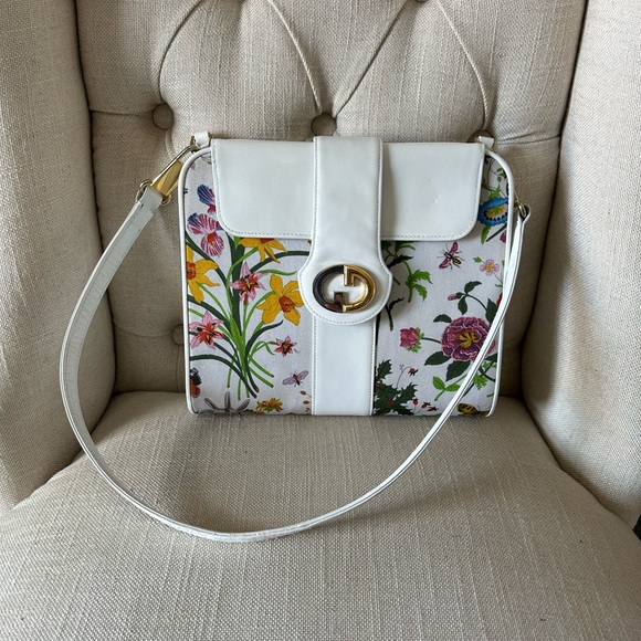 RARE Vintage Flora Gucci Shoulder Bag Dual Tone GG Removable Strap Leather Trim - Picture 1 of 17
